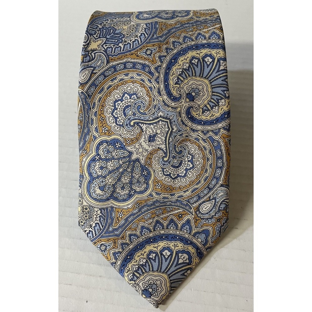 Chaps Necktie Mens OS Blue Gold Paisley Silk Handmade Formal Accessory